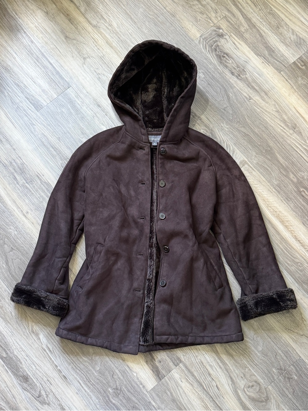 Vintage Liz Claiborne Brown Hooded Faux-Suede Coat with Faux-Fur Trim